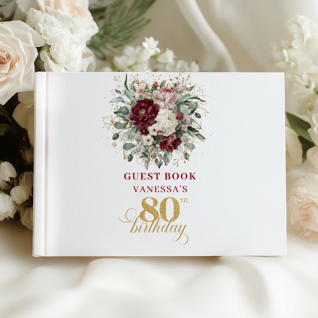 Livre d'or de luxe pour 80 ans avec fleurs de Bour (Luxury Burgundy Floral 80th Birthday Guest Book)