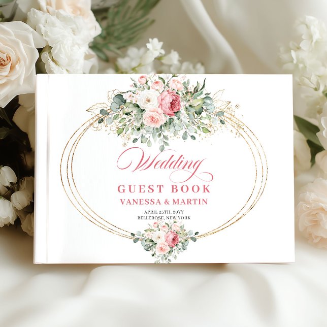 Livre d'or de mariage à la verdure avec roses blus (Modern Blush Roses Greenery Wedding Guest Book)