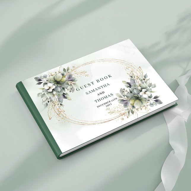 Livre d'or de mariage à l'aquarelle au feuillage v (Dusty Green Foliage Watercolor Wedding Guest Book)