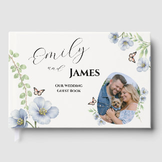 Livre d'or de mariage à motif floral bleu avec pho