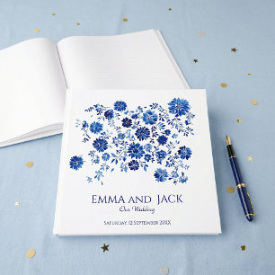 Livre d'or de mariage à motif floral bleu chinoise
