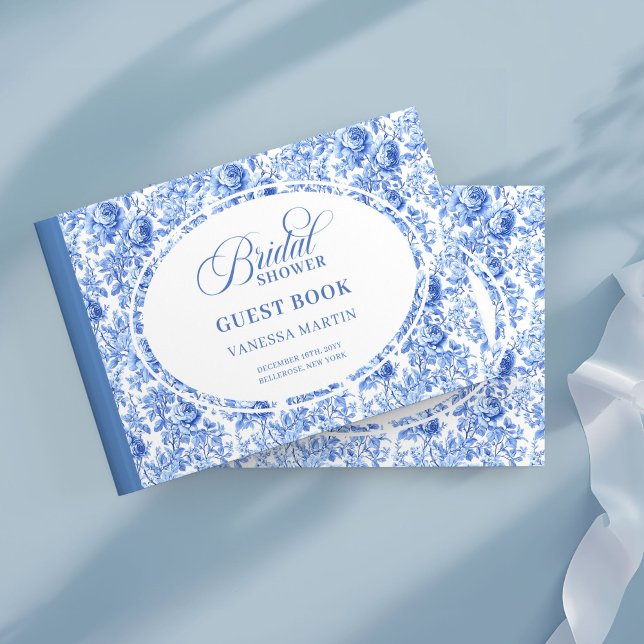 Livre d'or de mariage à toile de Jouy bleue modern (Modern Blue Toile Roses Bridal Shower Guest Book

)