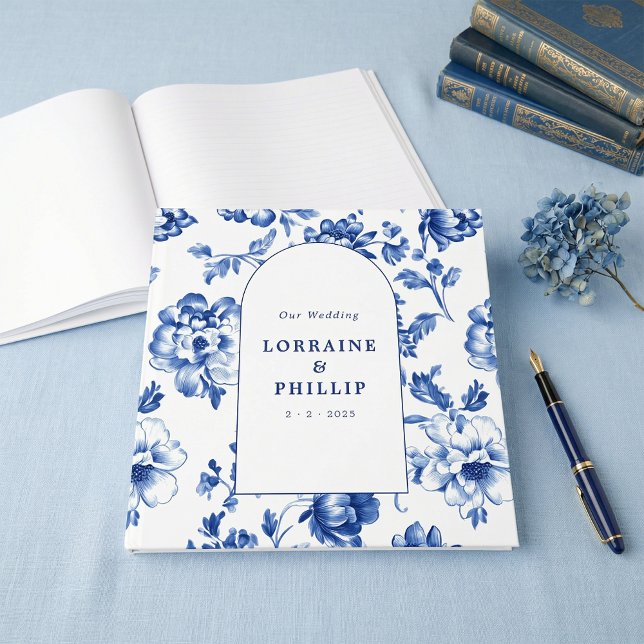Livre d'or de mariage arched chinoiserie bleu pous (Dusty Blue Chinoiserie Arched Wedding Guest Book)
