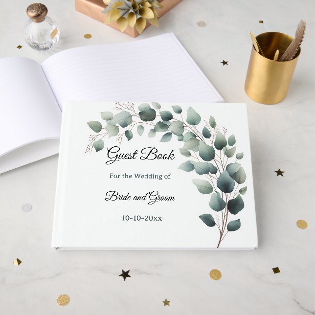 Livre d'or de mariage au simple eucalyptus (Recto ouvert)