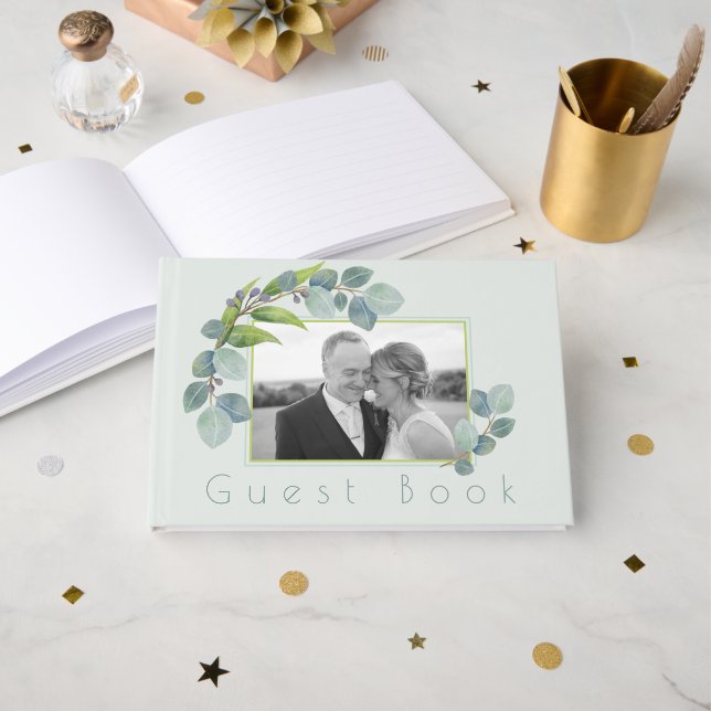 Livre d'or de mariage avec feuilles d'eucalyptus (Recto ouvert)