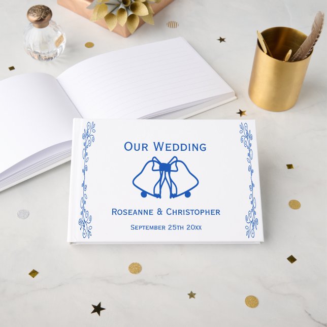 Livre d'or de mariage Bells Scrollwork Bleu Saphir (Recto ouvert)