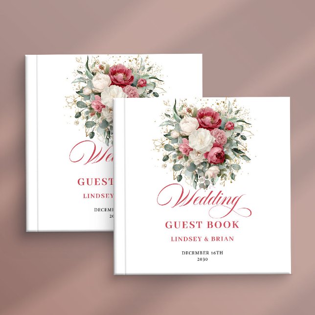 Livre d'or de mariage Chic Boho Floral Rouge Blanc (Chic Boho Floral Red White Wedding Guest Book)