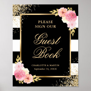Livre d'or de mariage élégant à fleurs rose et noi