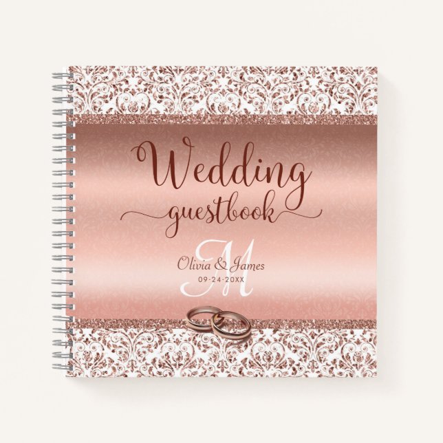 Livre d'or de mariage élégant en rose gold damassé (Devant)