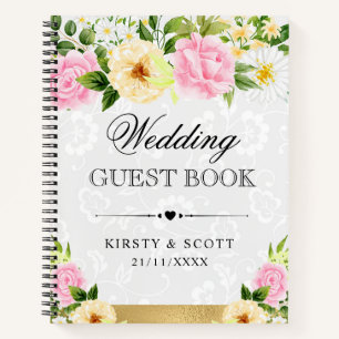 Livre d'or de mariage Fleurs roses jaunes à l'aqua