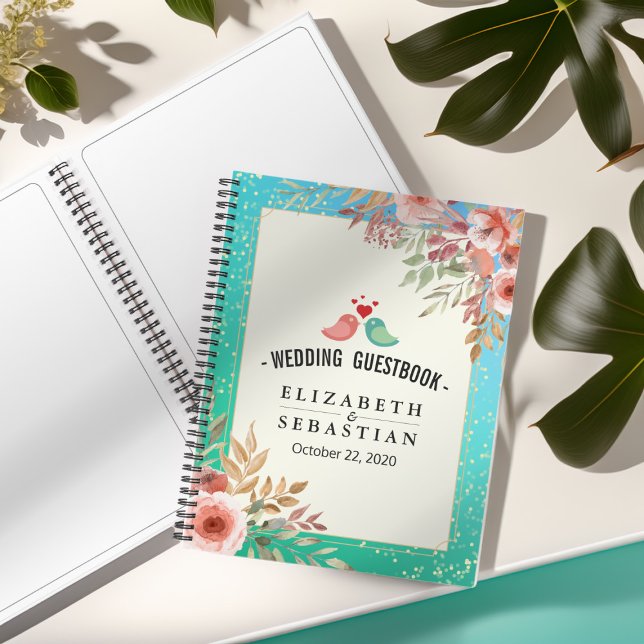 Livre d'or de mariage Fleurs roses modernes Teal P (Créateur téléchargé)