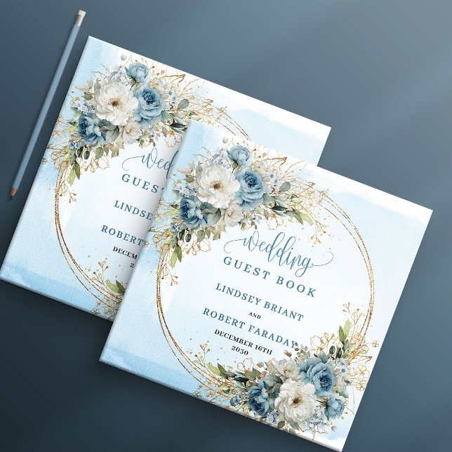 Livre d'or de mariage fleurs verdure or (Blue Flowers Greenery Gold Wedding Guest Book)