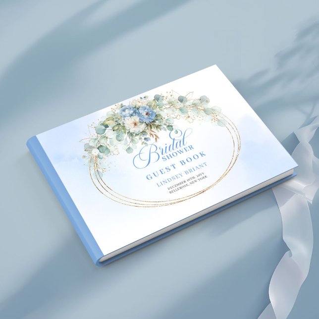Livre d'or de mariage floral Bleu Doux Doré (Sweet Blue Gold Floral Bridal Shower Guest Book)