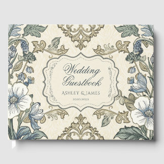 Livre d'or de mariage floral bleu élégant vintage