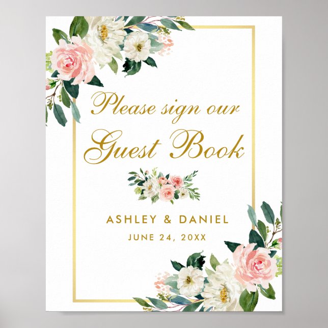 Livre d'or de mariage floral rose blush or (Devant)