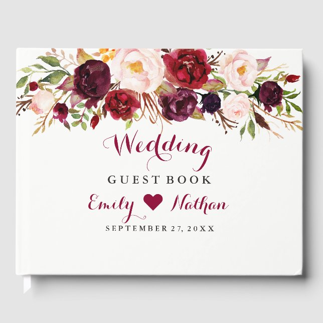 Livre d'or de mariage floral rouge Bourgogne (Recto)