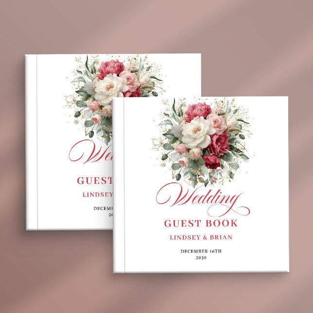 Livre d'or de mariage Luxe Boho Floral Rouge Blanc (Luxury Boho Floral Red White Wedding Guest Book)