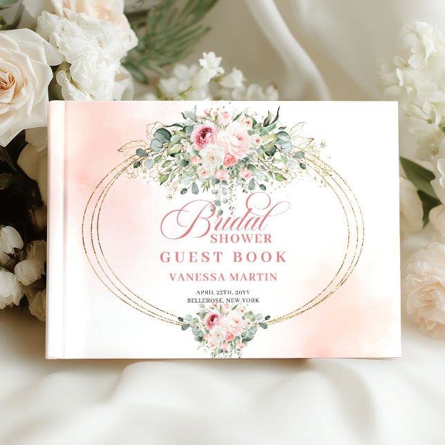 Livre d'or de mariage Rose Fleurie Éternelle en Or (Timeless Blush Roses Greenery Gold Bridal Guest Book)