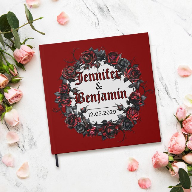 Livre d'or de mariage Rose Gothique Rouge dans Dar (Red wedding guest book with dark rosaes wreath)