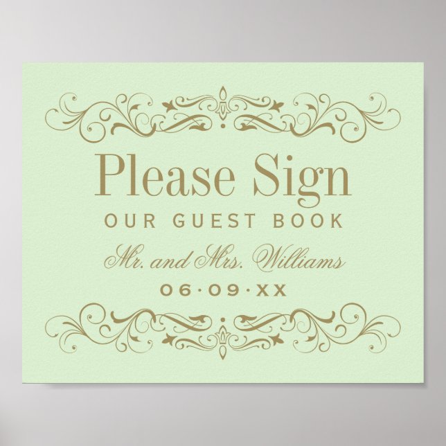 Livre d'or de mariage vert et or à motifs (Devant)