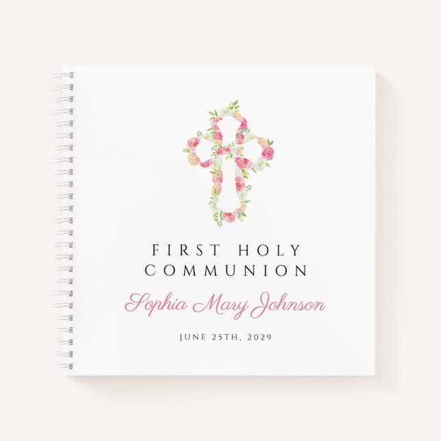 Livre d'or de première communion croix florale ros (Devant)