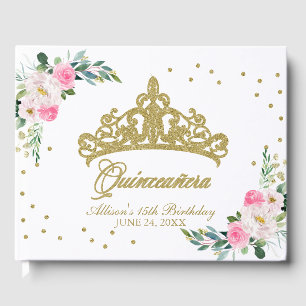 Livre d'or de Quinceañera à fleurs rose chaud cour