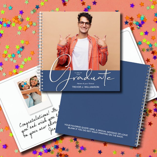 Livre d'or de remise de diplômes avec photos souve (CHOOSE your page style, spine color, soft or hard cover and add a personal message on the back.)