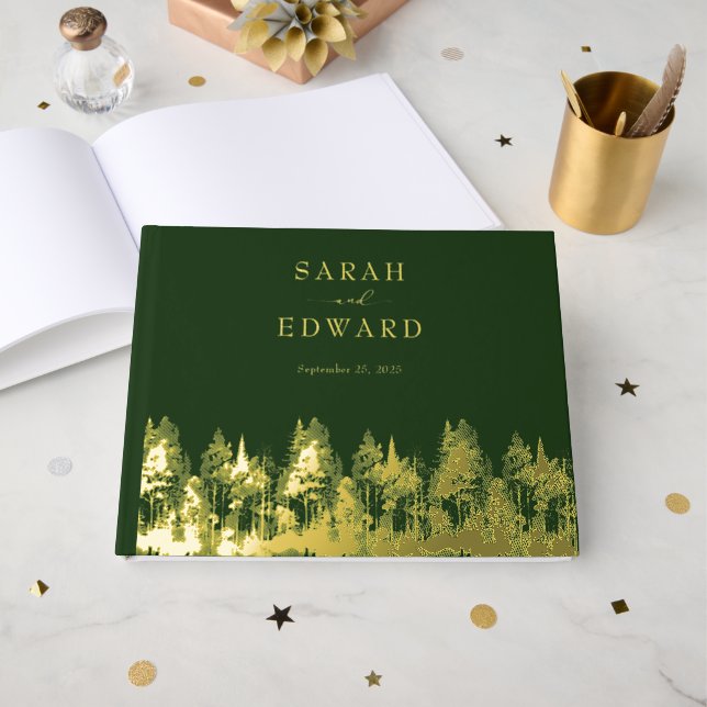 Livre d'or de Rustic Forest Mariage Gold Foil (Recto ouvert)