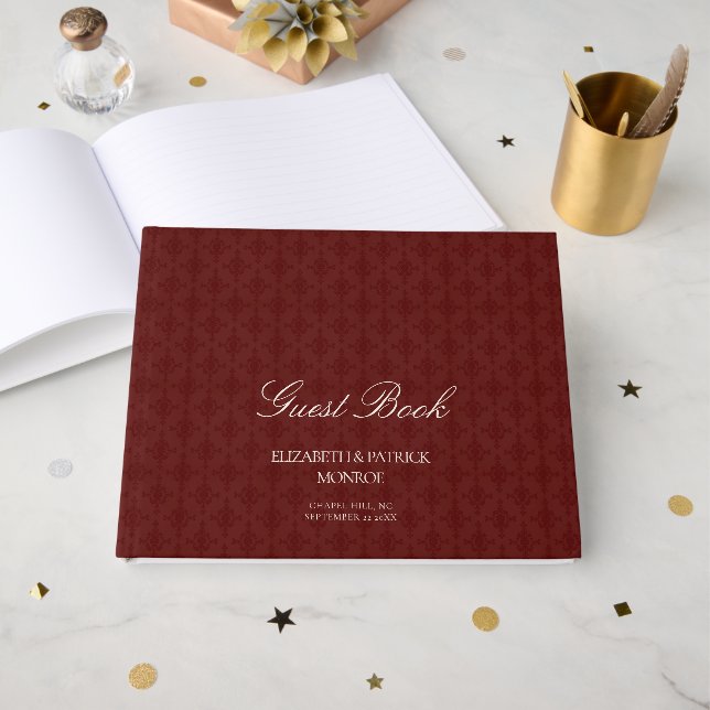 Livre D'or Deep Burgundy Formal Modern Classic Damask Wedding (Recto ouvert)