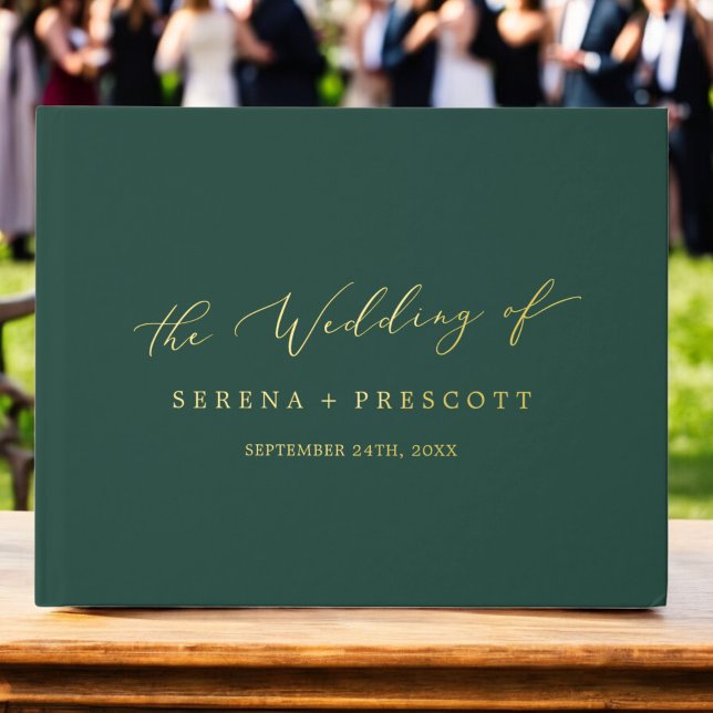 Livre D'or Délicat Mariage arrière en huile d'or et monogramm (Delicate Gold Foil and Green Monogram Back Wedding Foil Guest Book)