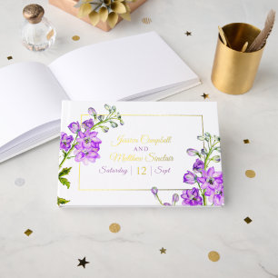 Livre D'or Delphinium floral pourpre aquarelle mariage or