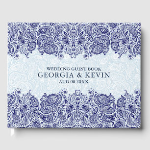 Livre D'or Dentelle florale blanche et bleu foncé