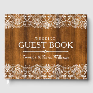 Livre D'or Dentelle Vintage Blanche Sur Texture Brown En Bois