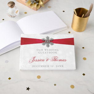 Livre D'or Diamante Flocon de neige et Ruban rouge Mariage d'