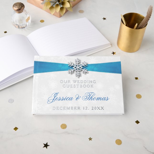 Livre D'or Diamante Snowflake & Blue Ribbon Mariage d'hiver (Recto ouvert)