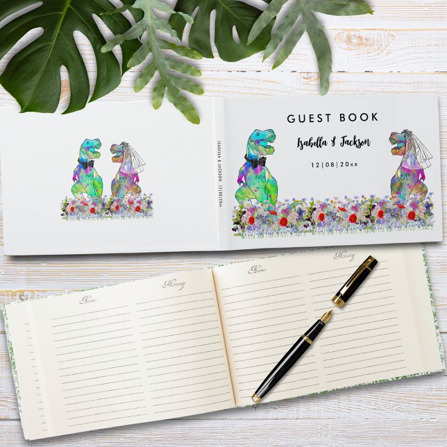 Livre D'or Dinosaur Mariage à thème (Dinosaur themed wedding custom guest book with fun T-Rex bride and groom with colorful wildflowers)