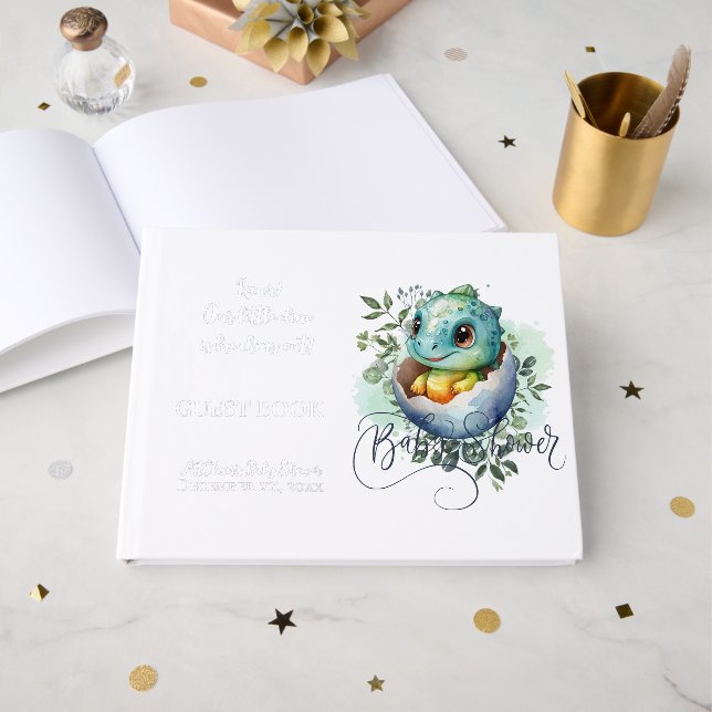 Livre D'or Dinosaur Oeuf Aquarelle Feuilles Baby shower huile (Recto ouvert)
