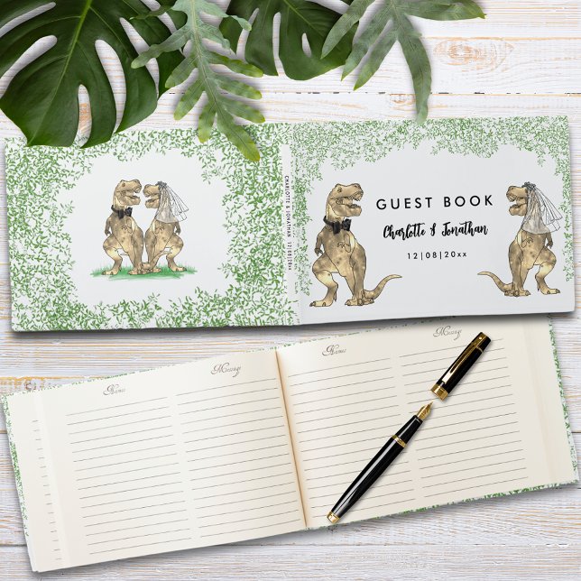 Livre D'or Dinosaur Thème Mariage personnalisé (Dinosaur themed wedding guest book with funny T-Rex bride and groom and Jurassic jungle foliage )
