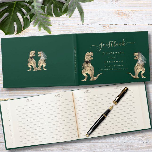 Livre D'or Dinosaur Thème Mariage Vert ( Dinosaur bride and groom wedding dark green custom guest book with funny T-Rex bride and groom dino)
