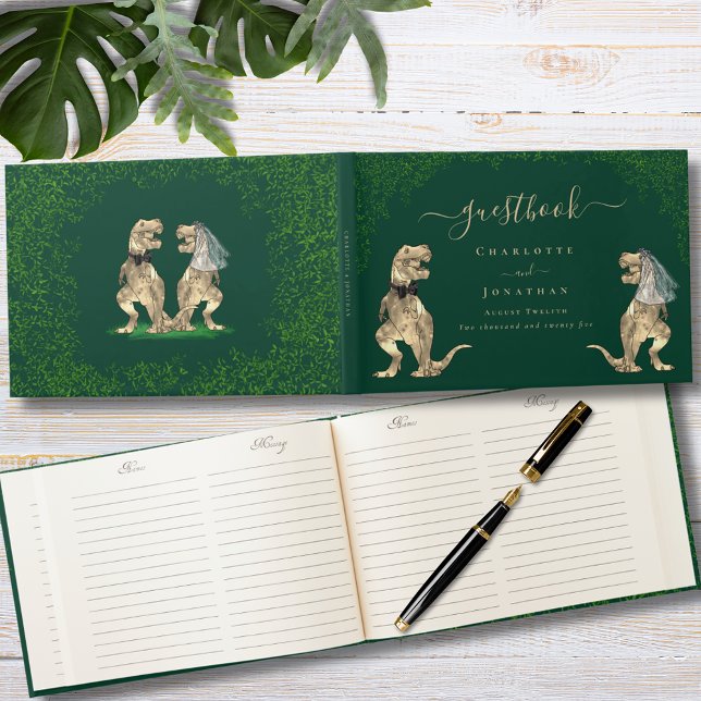 Livre D'or Dinosaur thème Mariage vert personnalisé ( Dinosaur bride and groom wedding custom dark green  guest book funny T-Rex dino eucalyptus foliage )