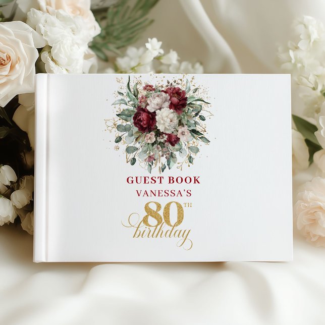 Livre d'or d'invité 80 ans Fleurs de Boho Marron (Boho Maroon Floral 80th Birthday Guest Book)