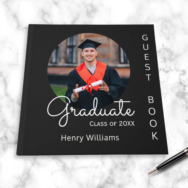 Livre D'or Diplôme Conserver photo moderne Diplôme personnali (A black guest book for graduation, personalized with photo, name and 'class of' year)