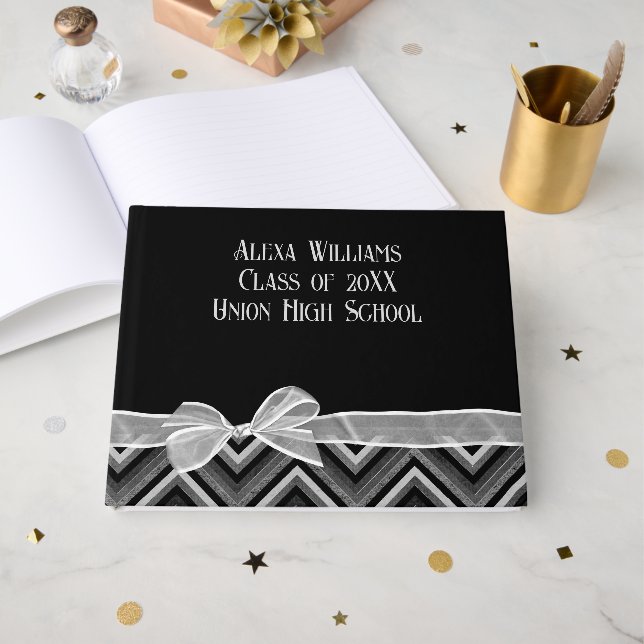 Livre D'or Diplôme Ruban Blanc sur Dessin Chevron (Recto ouvert)