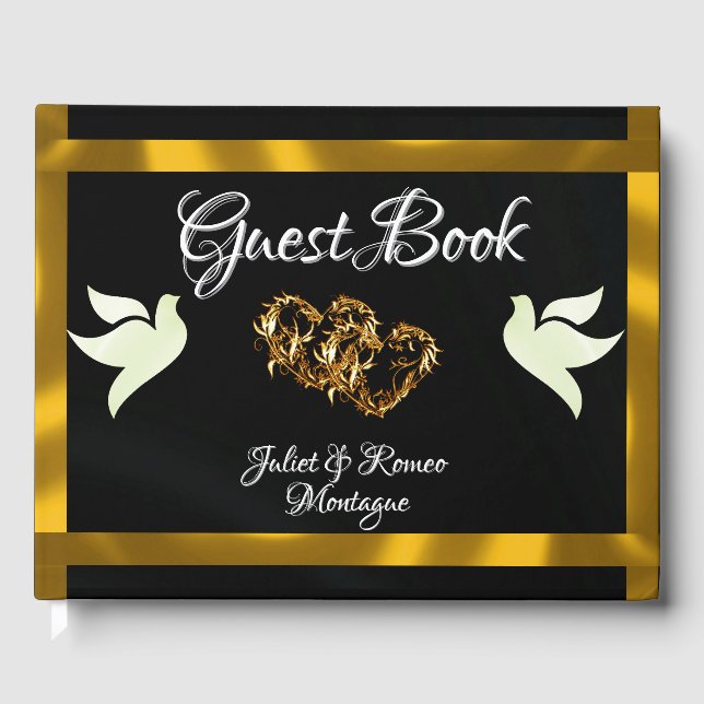 Livre D'or Doves, Coeurs et Ruban - Noir/Or (Recto)