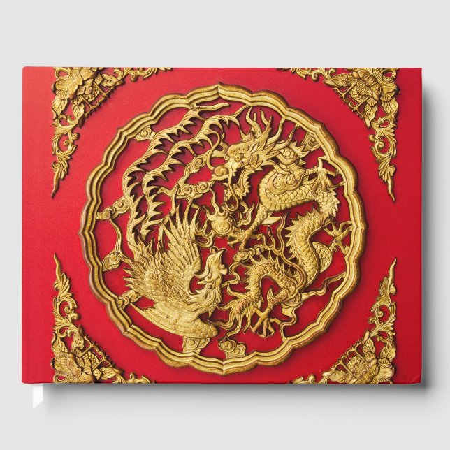 Livre D'or Dragon Phoenix Rouge Or Chinois Mariage Faveur (Recto)
