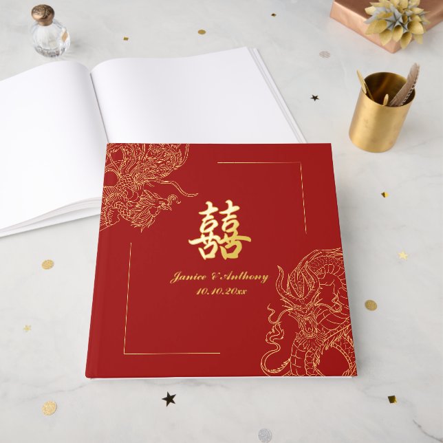 Livre D'or Dragon Phoenix traditionnel Mariage chinois rouge  (Recto ouvert)
