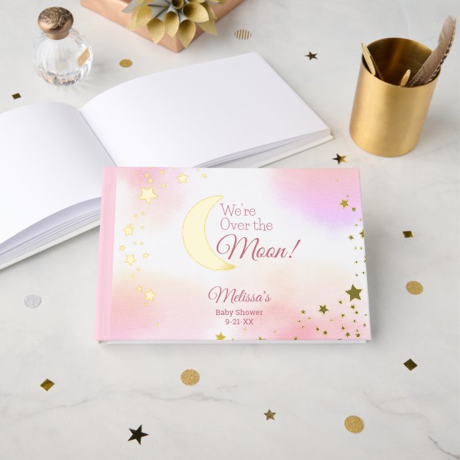 Livre D'or Dreamy Over the Moon Rose Girl Baby shower (Recto ouvert)