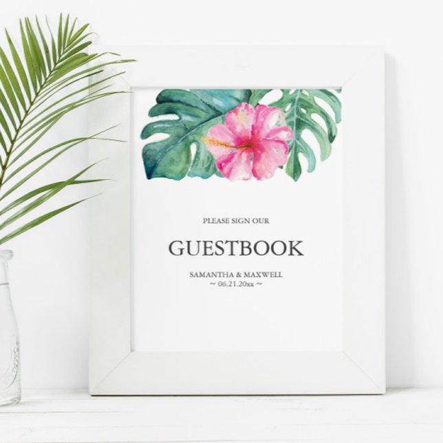 Livre d'or du Mariage de fleurs Tropical Pink Hibi (Wedding guest book sign features watercolor pink hibiscus flower and monstera palm leaves )