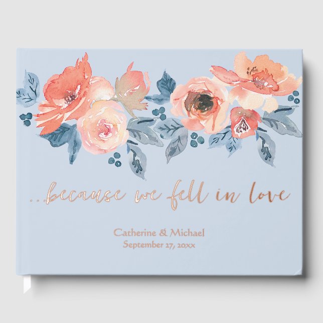 Livre D'or Dusty Blue & Coral Rose Aquarelle Mariage Floral (Recto)