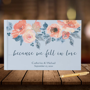Livre D'or Dusty Blue & Coral Rose Aquarelle Mariage Floral